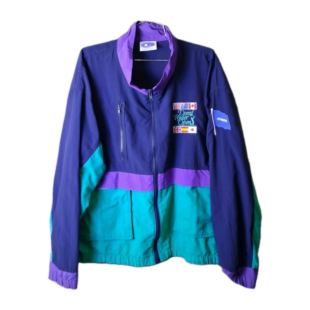 Vintage Starbus Doral Ryder Open Golf Jacket Teal Purple Windbreaker Mens XL